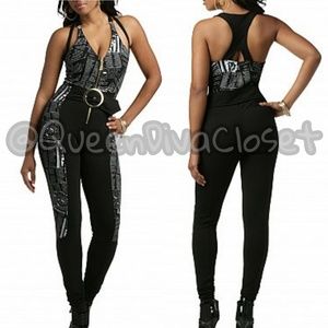 Black white news belted racer back halter jumpsuit